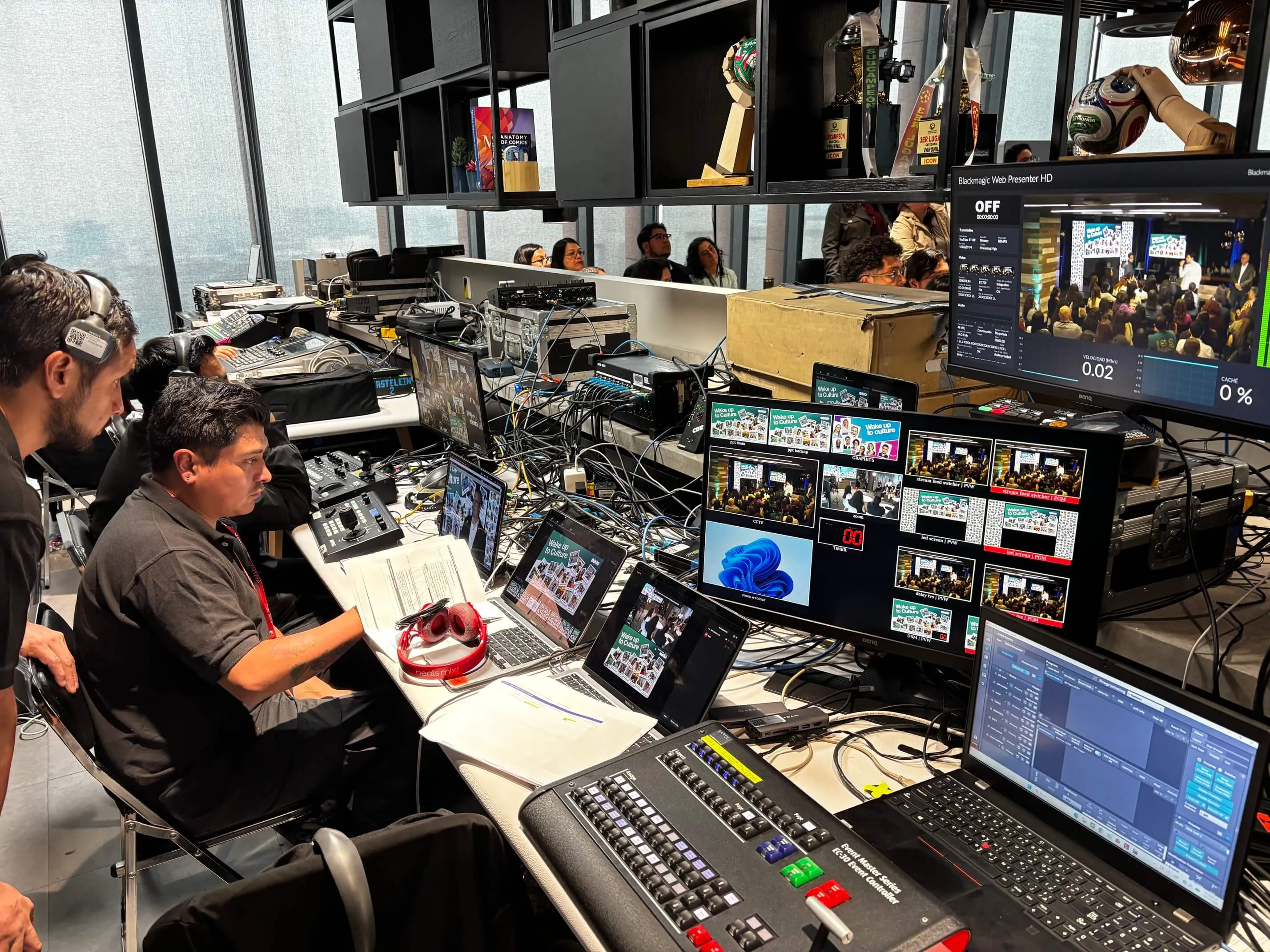 Local control position for the ICON Mexico City hub: video switchers, program monitors and a streaming encoder operated by the crew.